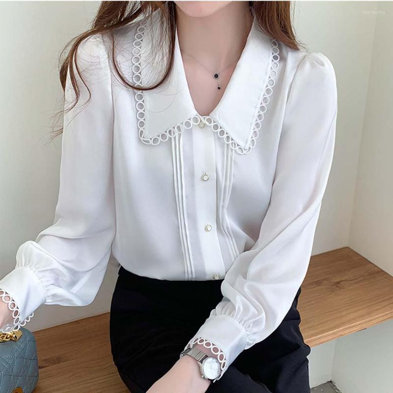 

Women' Blouses Chiffon Women Long Sleeve Button Up Shirts Turn-down Collar Soft All-match Womens Tops Korean Style Loose, White