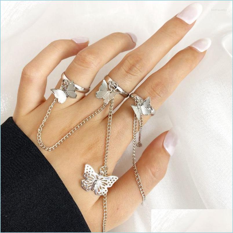 

Cluster Rings Cluster Rings Fashion Hip Hop Style Butterfly Ring Set Punk Adjustable Sier Color Chain Opening Finger Womens Jewelry Dhgt9