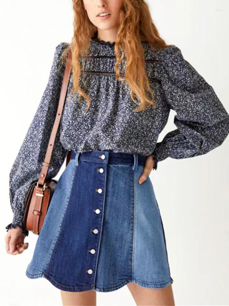 

Women' Blouses 2022 Women Lace Stitching Blouse Early Autumn Ruffles Trim Floral Print Lantern Sleeve Fashion Shirt And Top