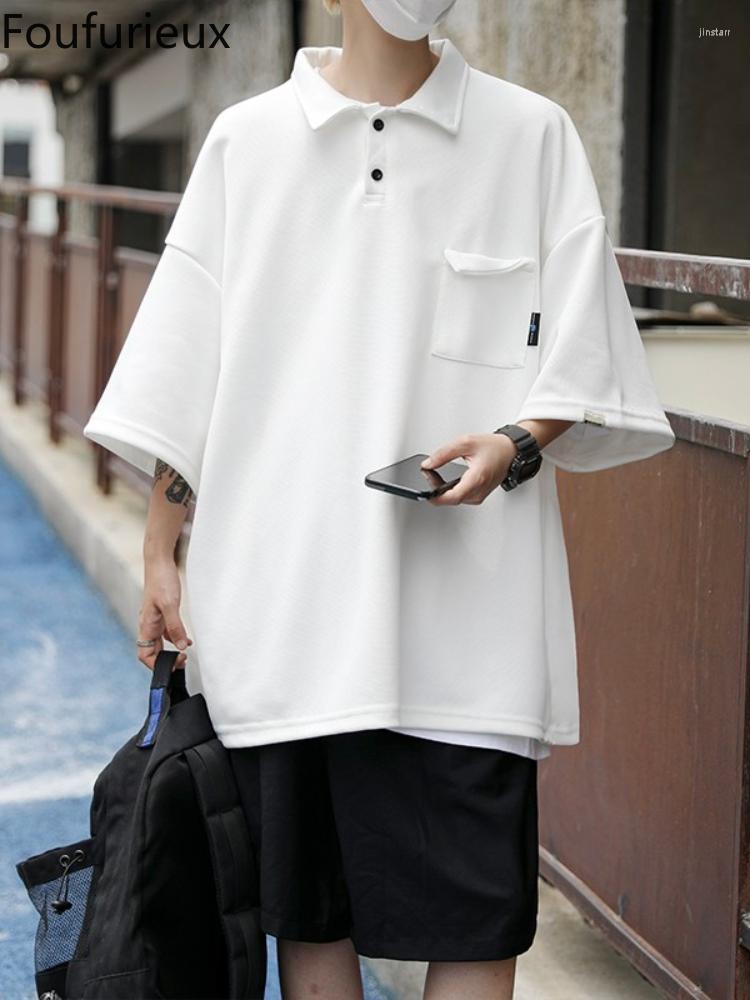 

Men's T Shirts Foufurieux Men Solid Color Hirts Short-sleeved Tooling Pocket Loose T-shirt Japanese Simple Top Couple Casual Oversize, White