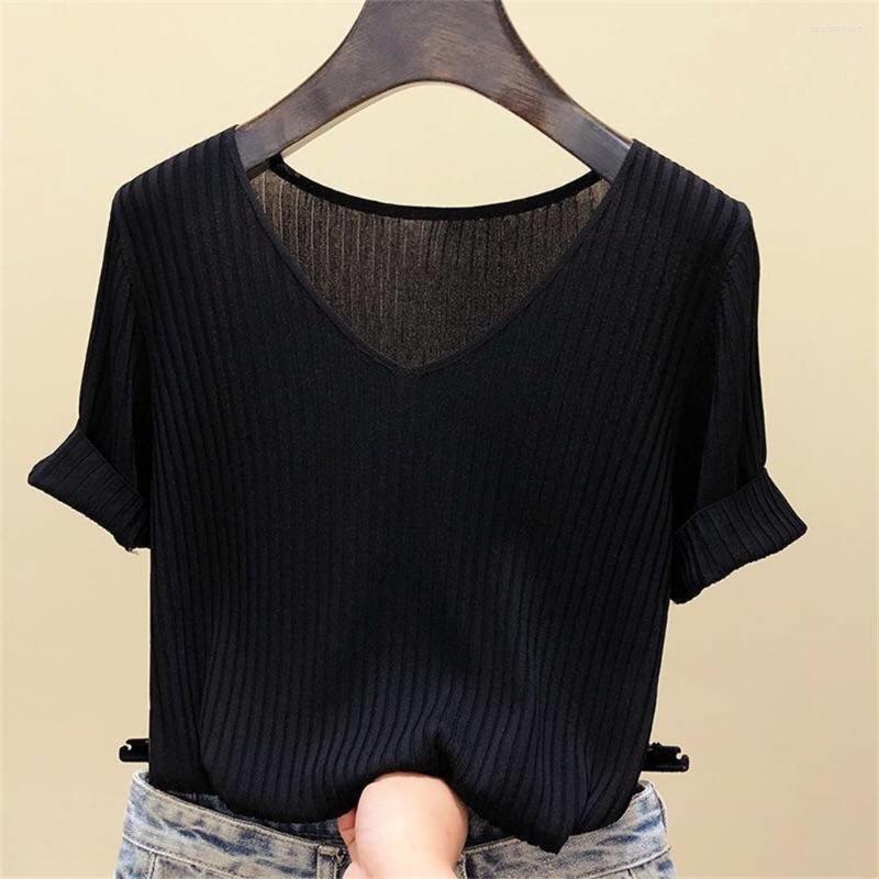 

Women's Blouses 2022 Blouse Women Short Sleeve White V-Neck Knitted Shirt Tops, Green
