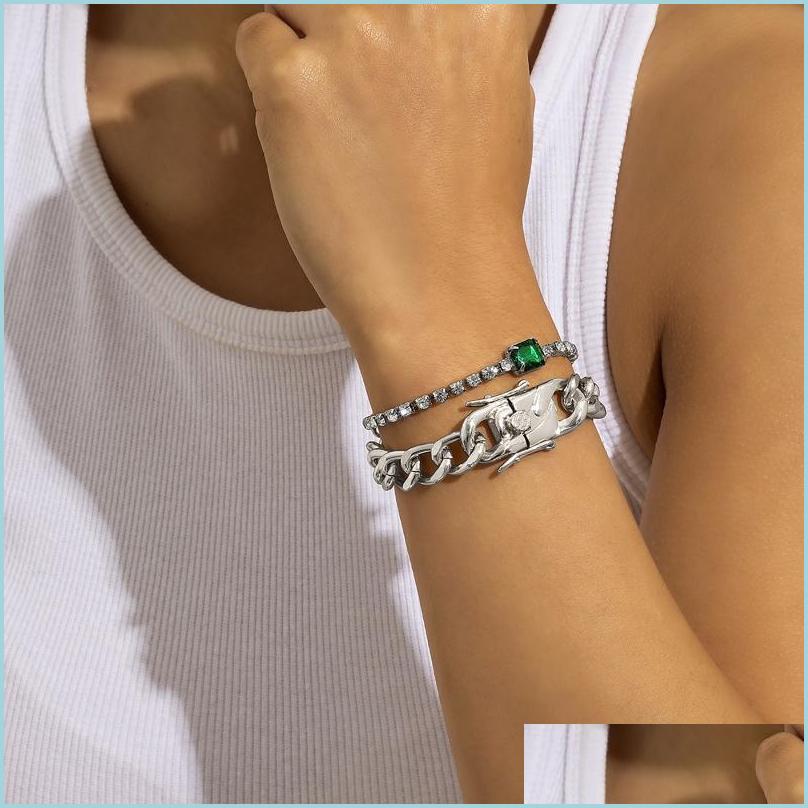 

Bangle Bangle Sier Jewelry For Teen Girls Retro Punk Thick Chain Snap Bracelet Set Personality Green Glass Fl Diamond Braceletbangle Dhcl7