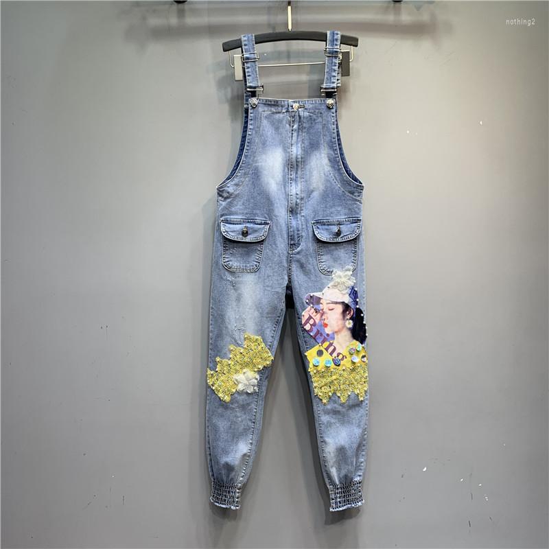 

Women' Jeans Rhinestone Beaded Denim Suspender Pants Fashion Women Harem Students Jumpsuit Streetwear Woman Overalls, Light blue