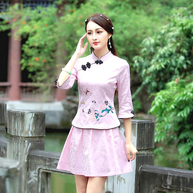 

Ethnic Clothing Guzheng Sets Chinese Cosplay Style Qi Pao Fashion Half Sleeve Tang Costume Elegant Short Suit Dress Massage Uniform XXL