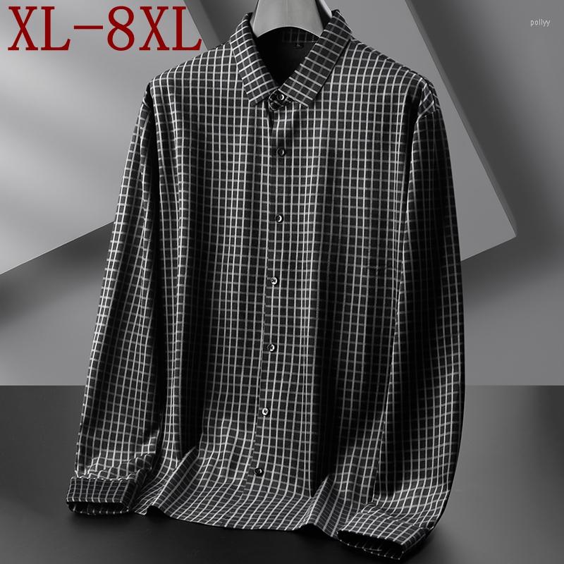 

Men's Casual Shirts 8XL 7XL 6XL Fall Top Quality Comfortable Plaid Shirt Men Long Sleeve Loose Mens England Style Business Chemise Homme, Black