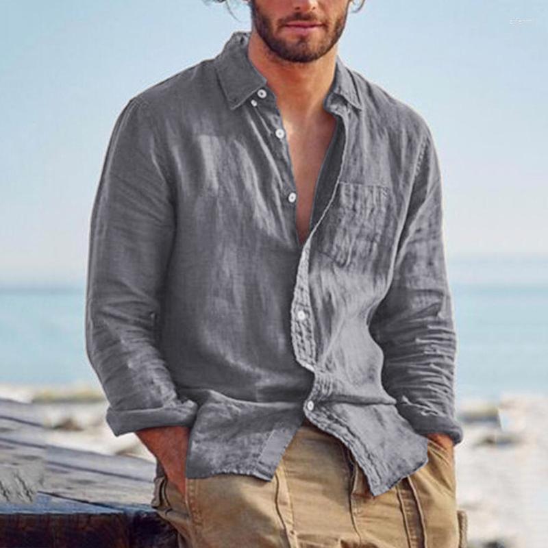 

Men' Casual Shirts Autumn Cotton Linen Shirt Men Clothing Solid Color Loose Thin Long Sleeve Blouses Beach Streetwear 2022, Brown