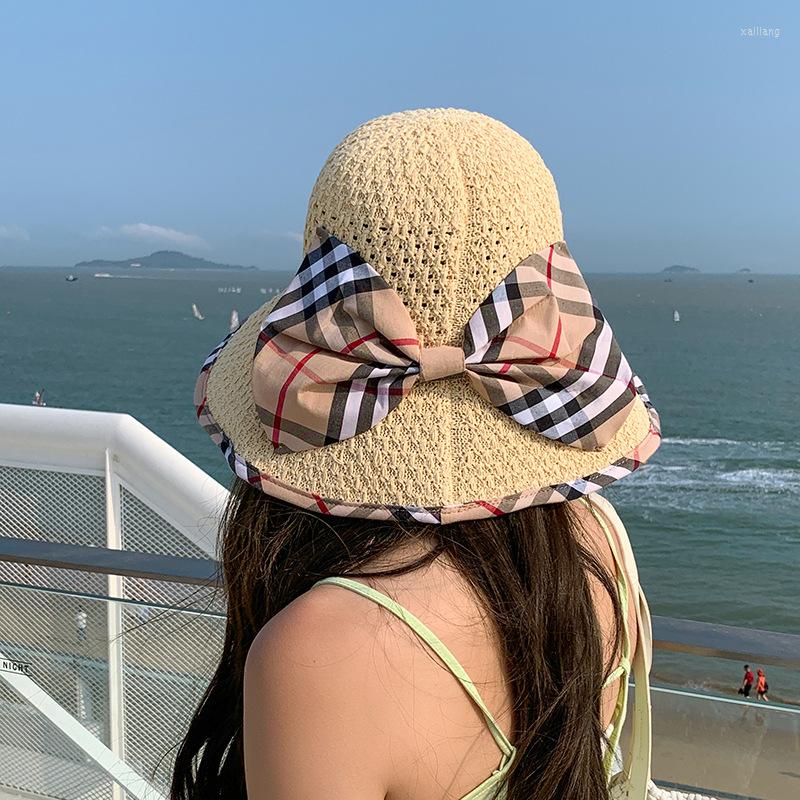 

Wide Brim Hats Spring And Summer Hollow Stitching Knitted Fisherman Hat Female Sunscreen Wide-brimmed Sun Plaid Bow