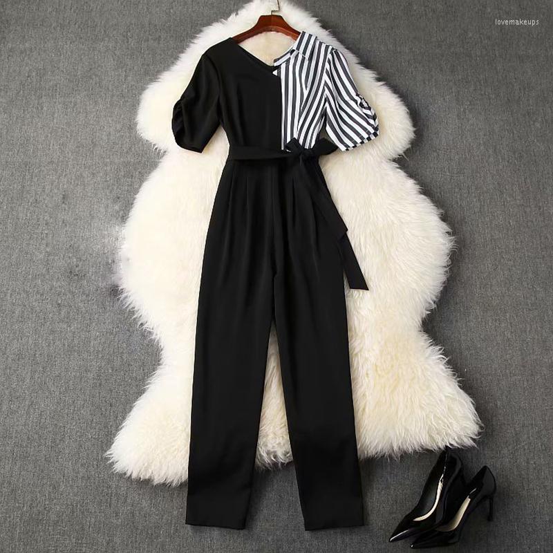 

Women' Jumpsuits 2022 HIGH STREET Est Fashion Designer Jumpsuit Women' Eleganet Short Sleeve Asymmetry V-Neck Striped Patchwork, Picture shown