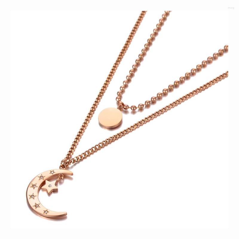 

Choker Trendy 316L Stainless Steel Double-layer Moon Star Charm Necklace Bohemia CZ Pendant For Women N20100