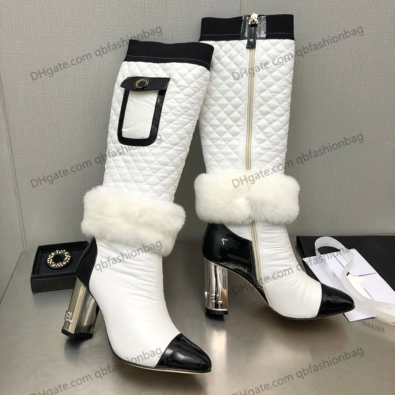 

Womens Knee Boots Chunky Heels 5 Cm Zipper Pocket Quilted Texture Hardware Matelasse Plush Knight Chelsea Fashion Winter Snow Boot Casual Booties Classic Black Shoe