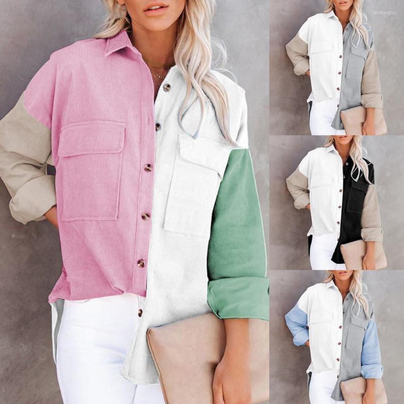 

Women's Blouses Fashion Women Blouse Office Lady Shirt Autumn Winter Turn-down Collar Single-breasted Contrast Color For Daily Wear, Grey blue