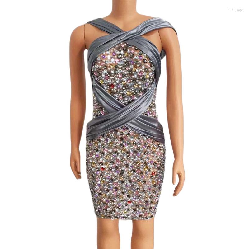 

Stage Wear Sexy Sparkly Multi-color Rhinestones Bandage Short Dress Evening Birthday Prom Party Women Dancer Crystal Host Costume