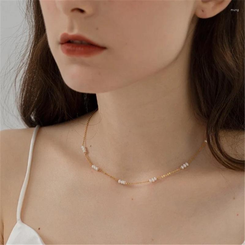

Choker Natural Rice Pearl Titanium Steel Chain Fashion Ol Simple Necklace French Neck