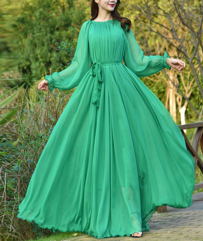 

Ethnic Clothing Female PLus Size Dresses Elegant Flowy Chiffon High Quality Loose Belt Maxi Boho Dress Beach Party Bridesmaid Green