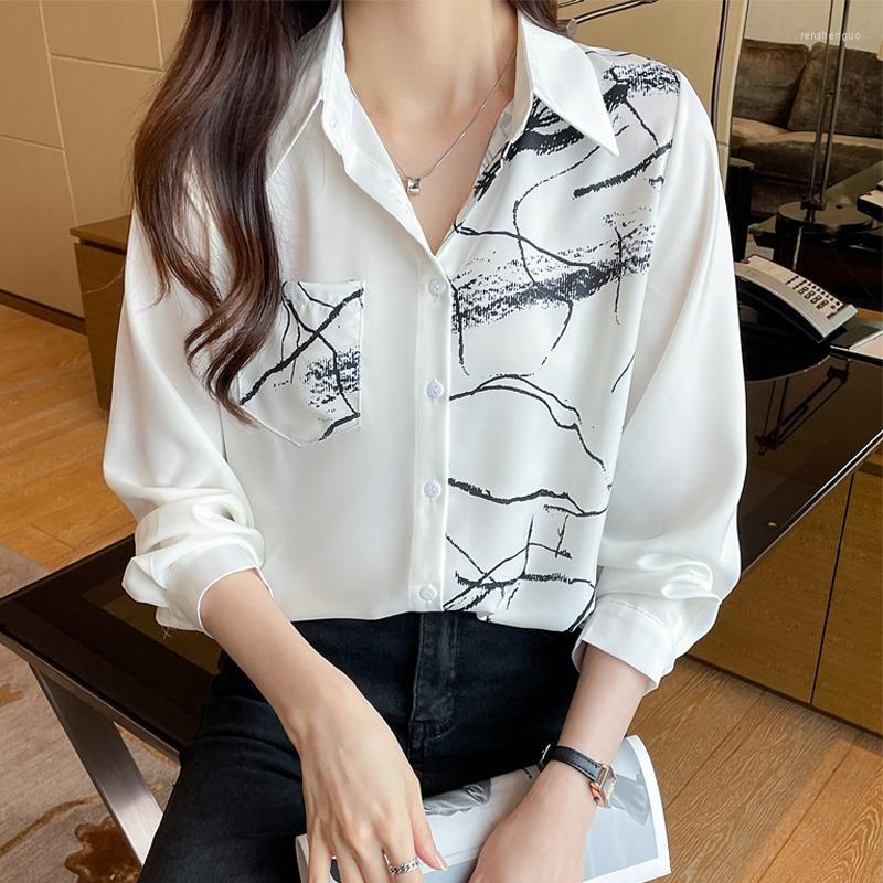 

Women' Blouses Chic Ladies Shirts Fashion Black White Printing Women 2023 Spring Autumn Causal Long Sleeve Mujer Blusas