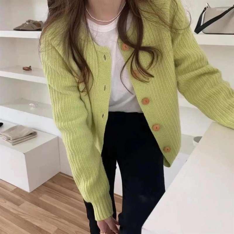 

Women' Knits 2022 Spring Autumn Solid Color Sweater Korean Style Loose O-Neck Knitted Coat Single Breasted Women Short Full Sleeve Tops, Green