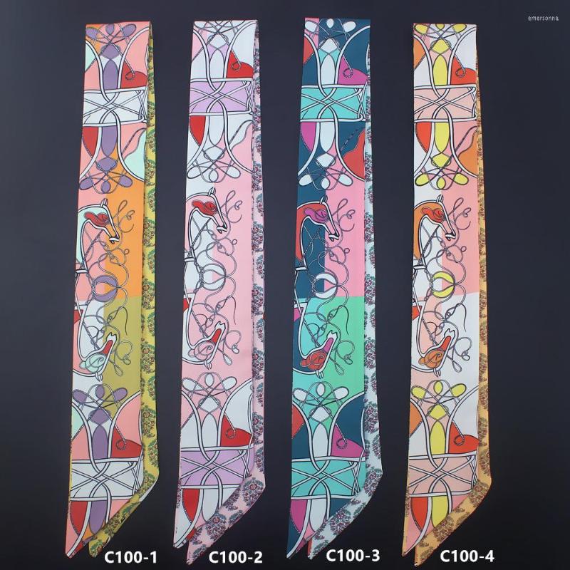 

Scarves Chain Print Twill Silk Scarf For Women Small Tie Head Fashion Hair Bag Ribbons Summer Skinny