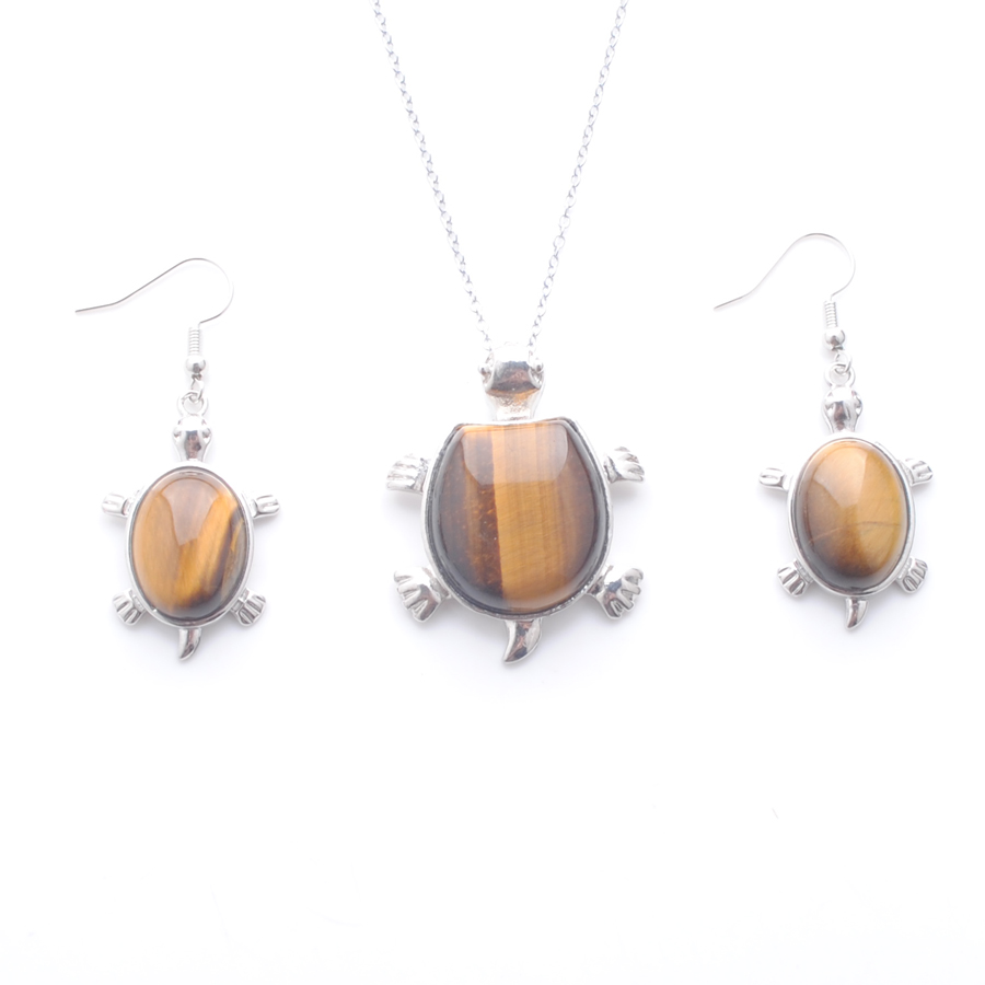 

Jewelry Sets Dangle Earring For Lady Anniversary Gift Natural Stone Tiger's Eye Tortoise Pendant Silver plated Chain 45cm Q3100, White