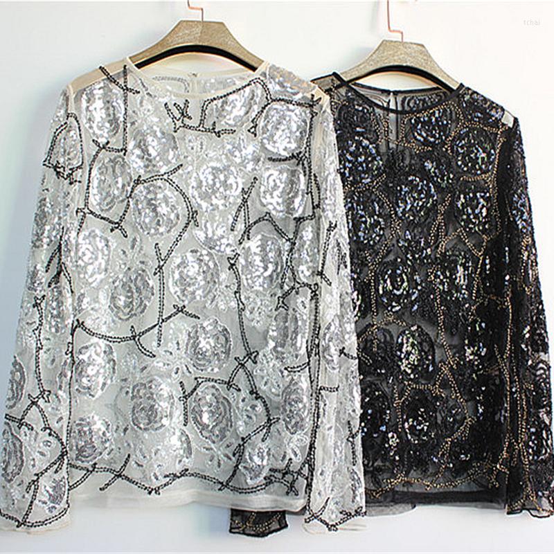 

Women's Blouses Lace Blouse Women's Fashion Loose Mesh Sequins Beading Embroidery Pullovers Tops, Black