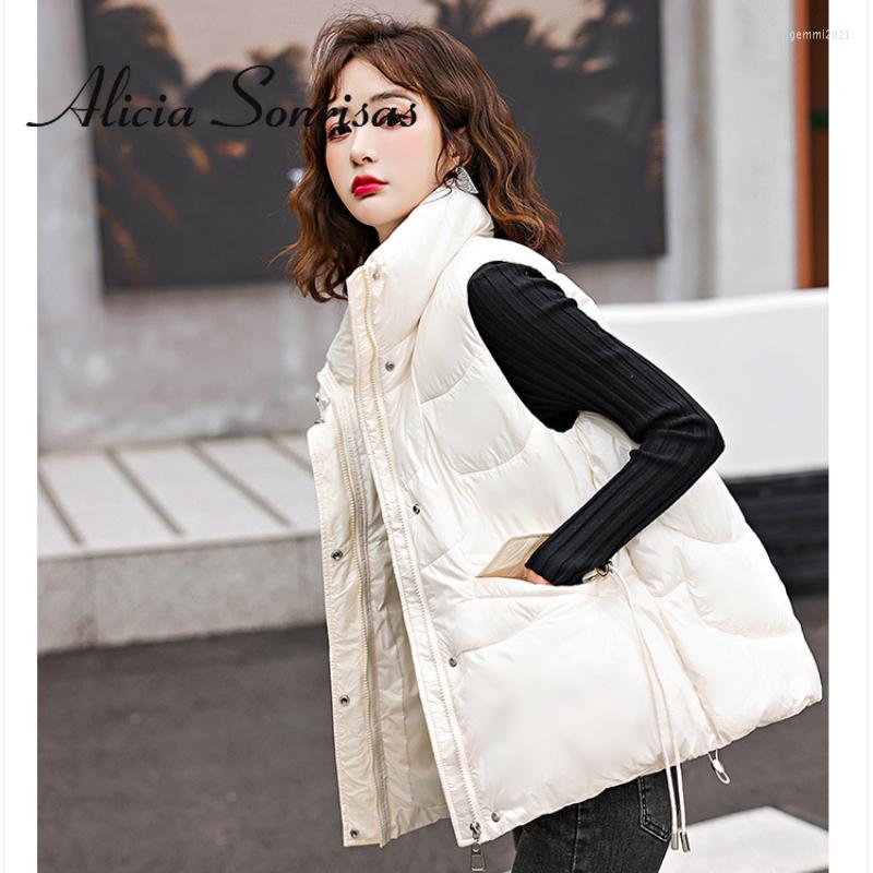 

Women's Vests Down Cotton Vest Female 2022 Autumn Winter Bright Face Student Korean Loose Waistcoat Jacket With Big Pockets Stand Collar, White