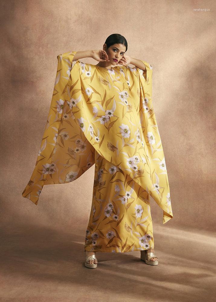 

Ethnic Clothing Boutique Floral Print Satin Cape Maxi Gown Elegant Yellow Ruffles Asymmetric Poncho Event Occasion Party Beach Vacay Long