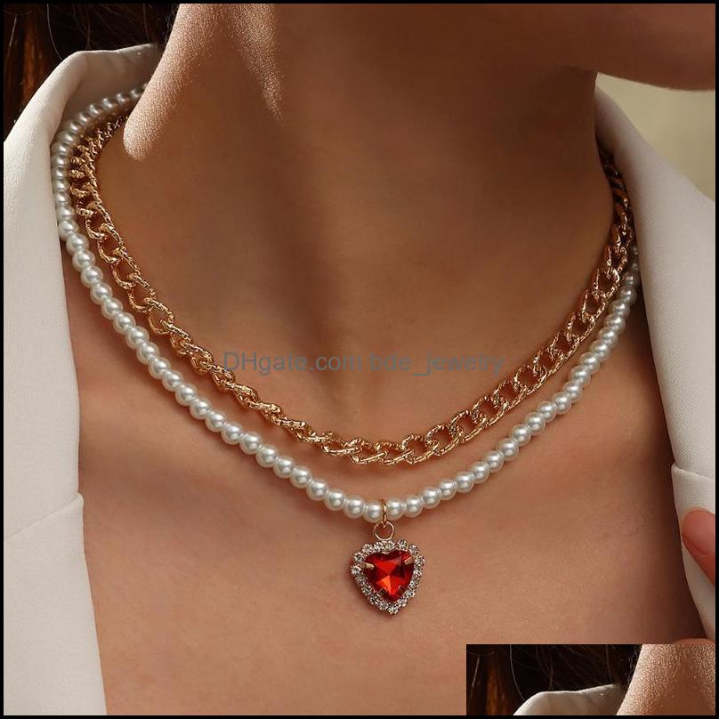 

Chains Chains Classic Big Crystal Heart Pendant Necklace For Women Imitation Pearl Doublelayer Geometric Blue Red Drop Delivery 2022 Dhvba