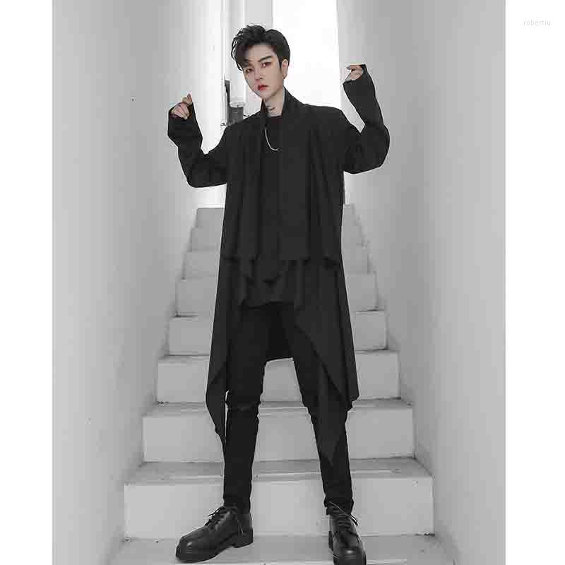 

Men' Vests Men' Autumn Collar Mid Long Korean Dark Windbreaker Stylist Personalized Ins Shawl Coat Fashion Design, Black
