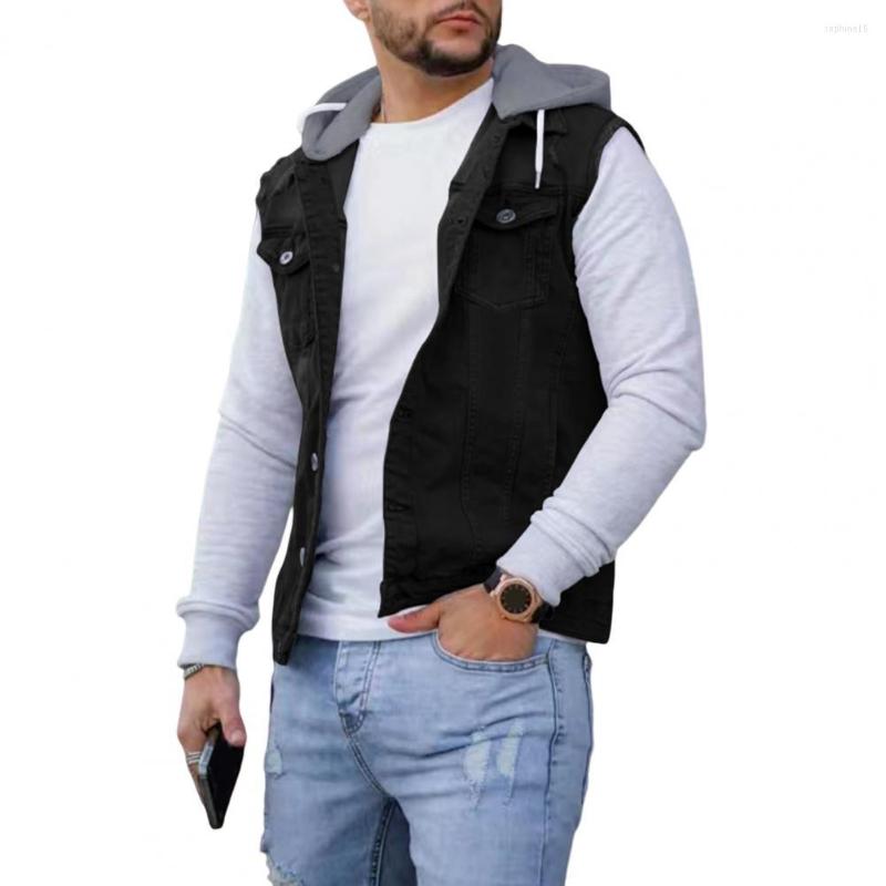 

Men's Vests Vintage Pockets Turn-down Collar Cargo Vest Jackets Men Autumn Fashion Button Hooded Sleeveless Coat Chaquetas Hombre, Black