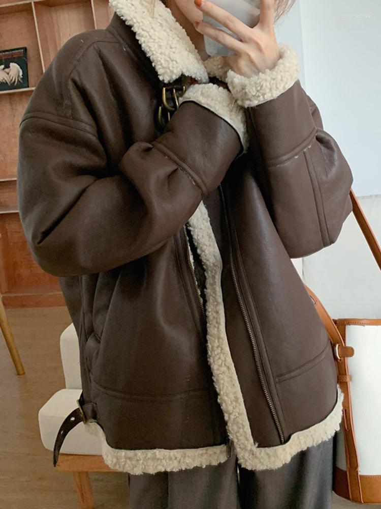 

Women's Leather FTLZZ Autumn Winter Women Pu Jacket Streetwear Female Moto Biker Faux Lamb Sheepskin Coat Thick Warm Loose Outwear, Black