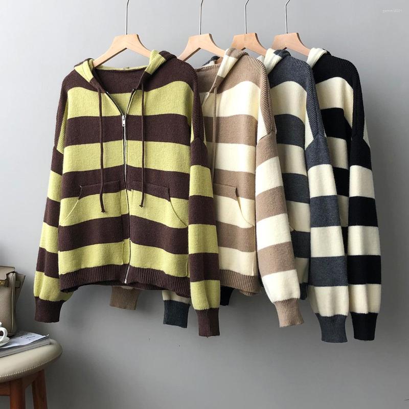 

Women's Sweaters Real S - Striped Hooded Cardigan Autumn Winter 2022 Loose Lazy Style Zipper Sweater Jacket, Black