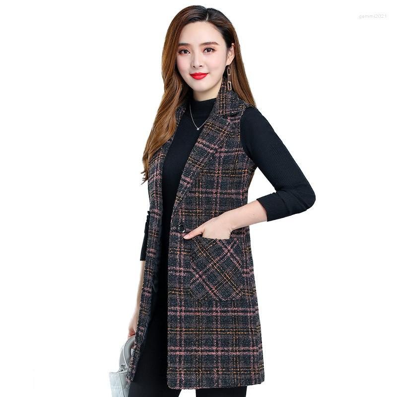 

Women's Vests Elegant Women's Vest Coat Spring Autumn Jacket Sleeveless Waistcoat Tops Female Plaid Mid-length Woolen Overcoat 5XL, Camel