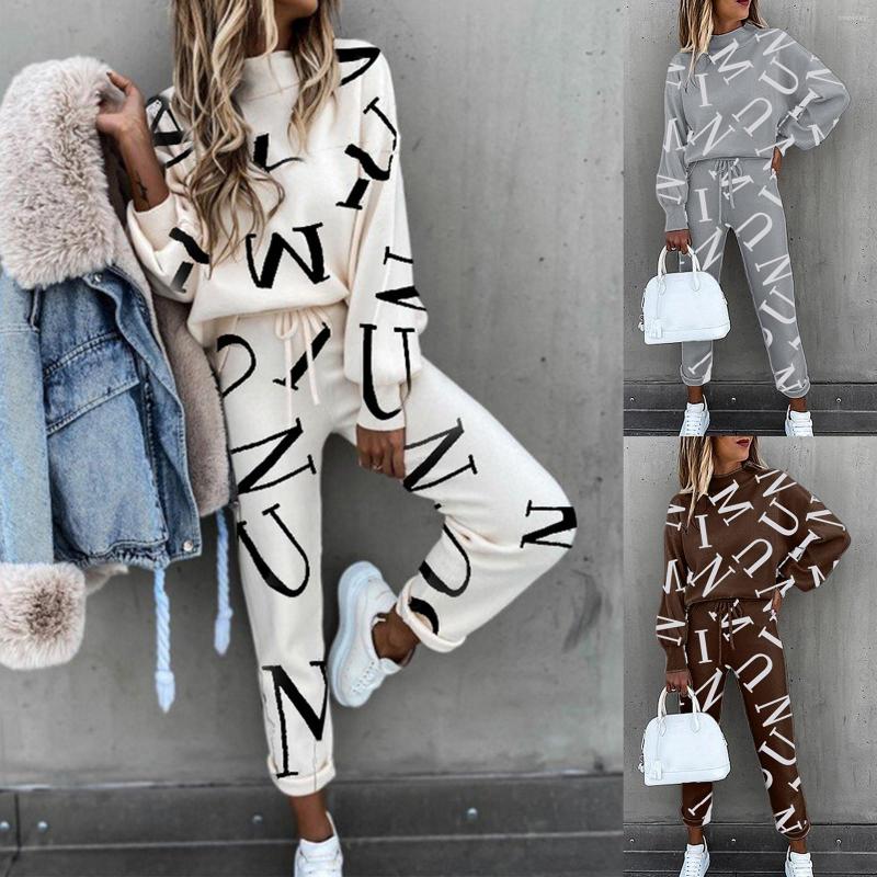 

Women' Two Piece Pants Autumn Spring Casual Outfit Tracksuit Letters Print Long Sleeve Top Pant Suits Women Pullover For Sports 2 Pieces, Gray