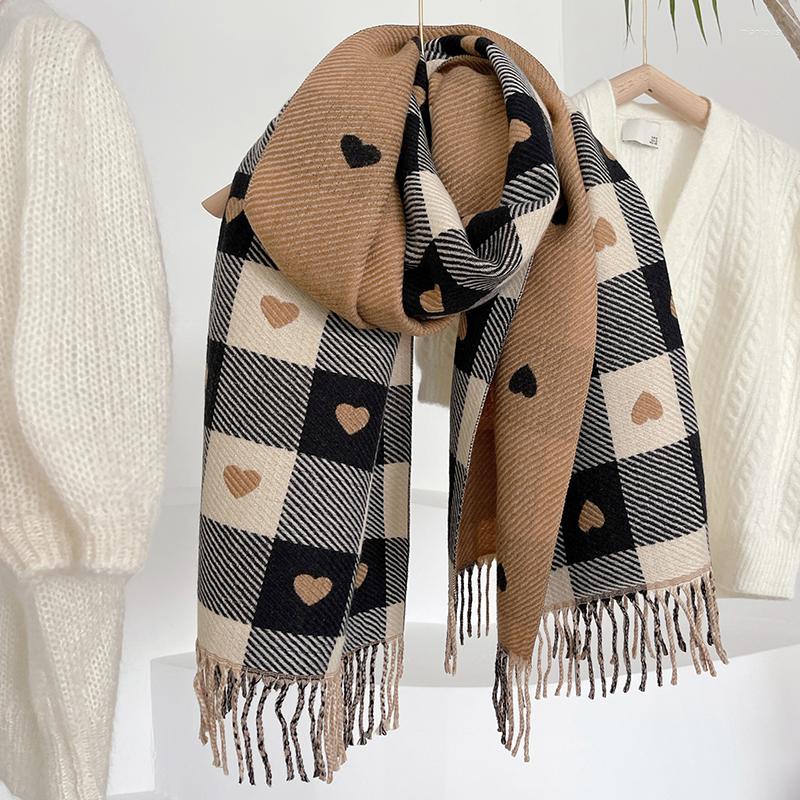 

Scarves &Dolphin Women Winter Black Camel Plaid Scarf Cashmere Soft Warm Knitted Woolen Neck Pashmina Love Print Big Shawl Ins