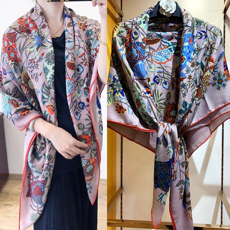 

Scarves Scarf Silk Cashmere Blended Women Winter Female Large Shawls Square Wraps Pashimina Hand-rolled Edges Flower Butterfly