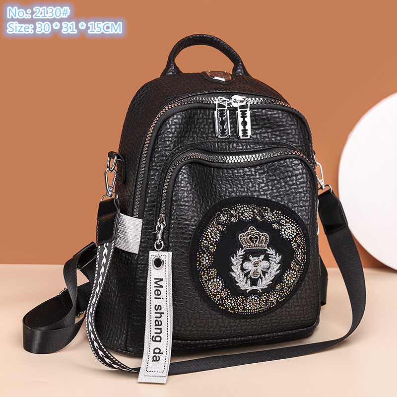 

Wholesale factory ladies shoulder bags sweet and fashionable studded handbag street personality rivet backpack fashion embossed leather embroidered handbags, Black-2130#