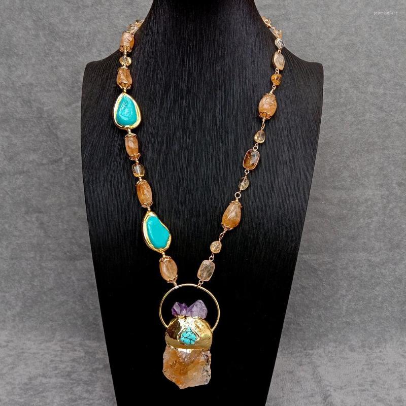

Choker Y.YING Natural Yellow Citrine Blue Turquoise Necklace Rough Pendant Fashionable Jewelry
