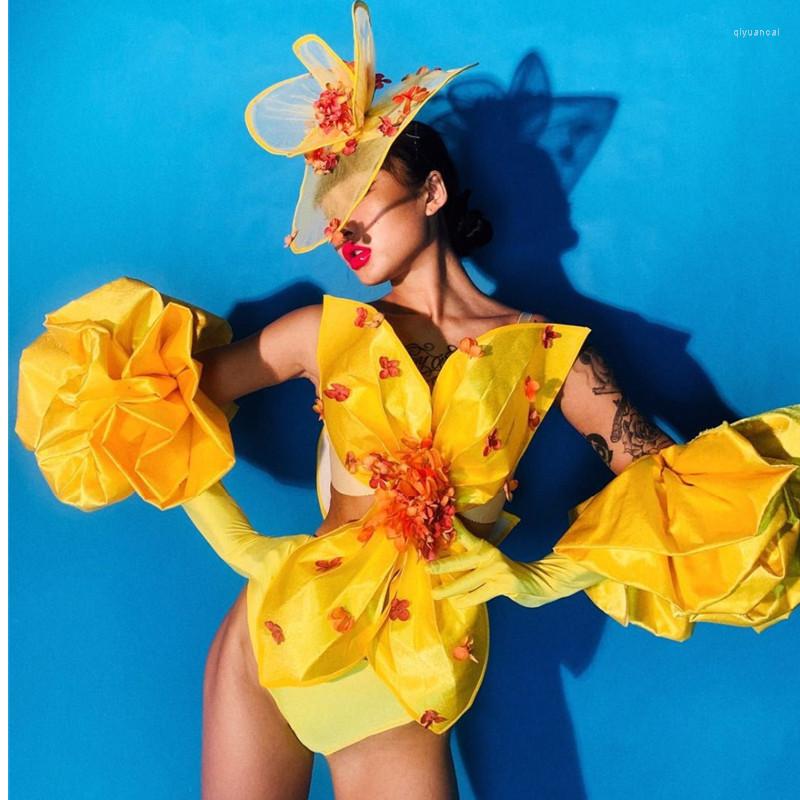 

Stage Wear Sexy Women Bar Nightclub Dance Costume Yellow Flower Gloves Bodysuit Singer Party Show DJ Jazz Performance Outfit, Set