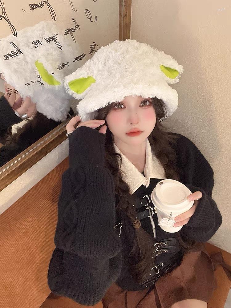 

Berets 2022 Japanese Plush Lamb Cute Sheep Ear Bucket Hat Female Autumn Winter Students Warm Protection Couple Fisherman, White