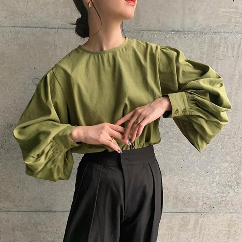 

Women's Blouses Shirts Autumn 2022 Round Neck Blouse Women Korean Version Lantern Sleeve Back Slit Cotton Camisas De Mujer, Black