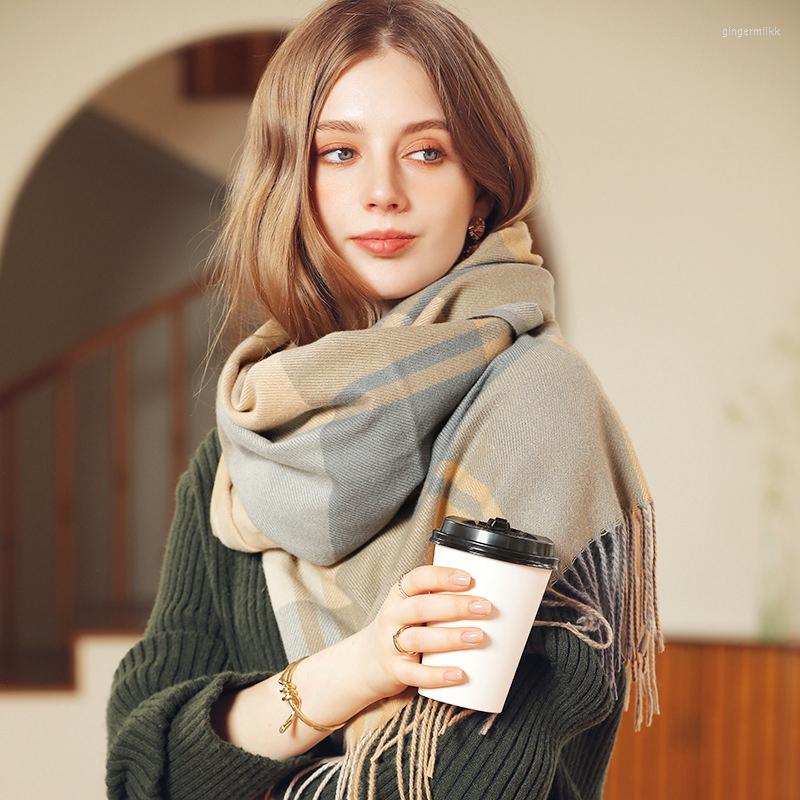 

Bandanas Female Fashion High Street Women Scarf Autumn And Winter Striped Plaid Shawl Elegant Dual-use