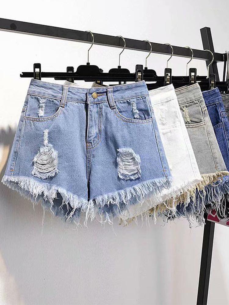 

Women' Jeans Loose Denim Shorts 2022 Fashion Ripped High Waist Female Casual Blue Black Tassel Wide Leg