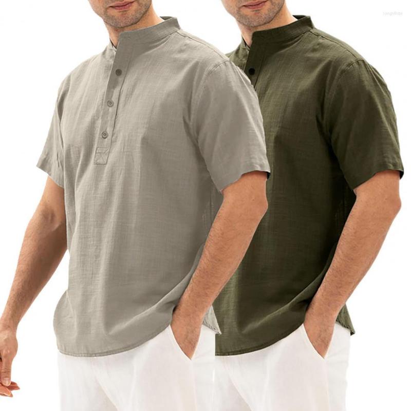 

Men's Casual Shirts Summer Men's Short-Sleeved T-shirt Cotton And Linen Led Shirt Male Breathable Polo Holiday, Army green