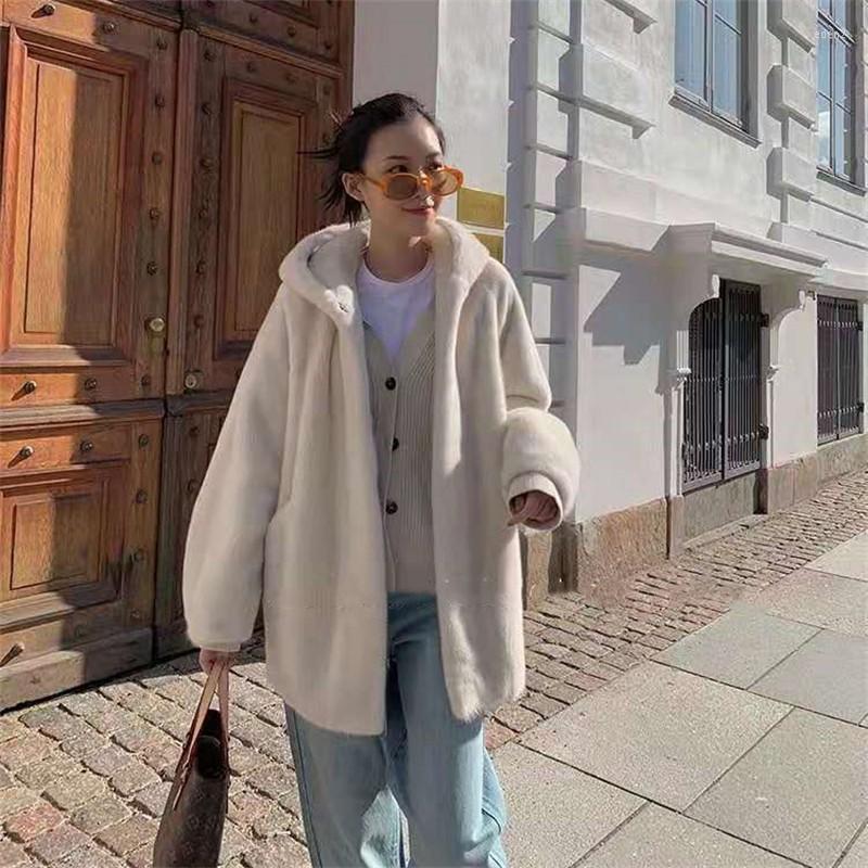 

Women' Fur High Quality Imitation Mink Coat Women' Medium Long Artificial Wool Korean Hooded Loose Lazy Style Fashion Girl Jacket, White