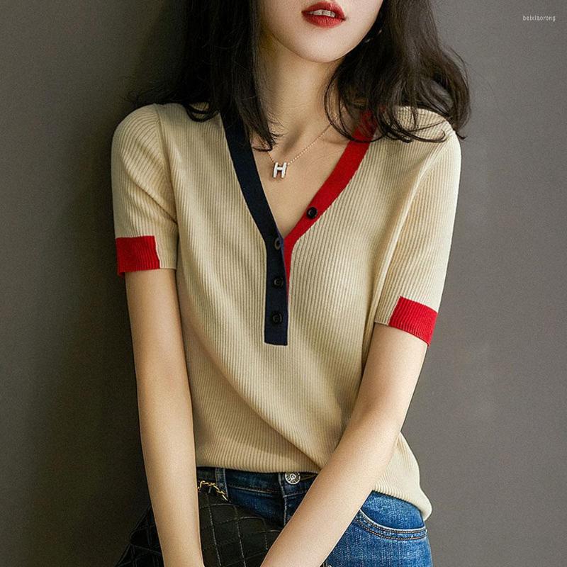 

Women's Sweaters V-neck Knitted Pullover 2022 Summer Autumn Women's Slim Fit Casual Short Sleeve Sweater Female Clothes High Quality, Beige