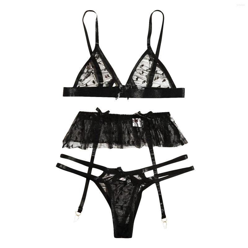 

Bras Sets 3 Piece Sexy Transparent Sleepwear Set Women Embroidery Lace Wireless Bra Lingerie Bowknot Thong With Garter Pajamas Black S-xl