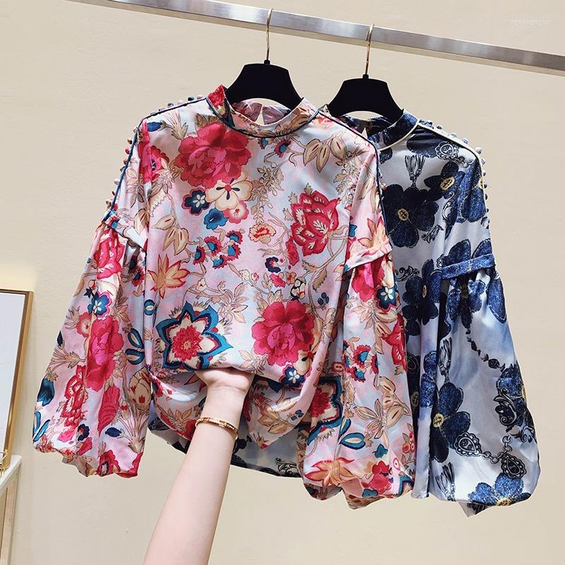 

Women's Blouses Autumn Clothing 2022 Fat Sister Loose Belly-covering Temperament Printed Chiffon Shirt Top UK366, Blue