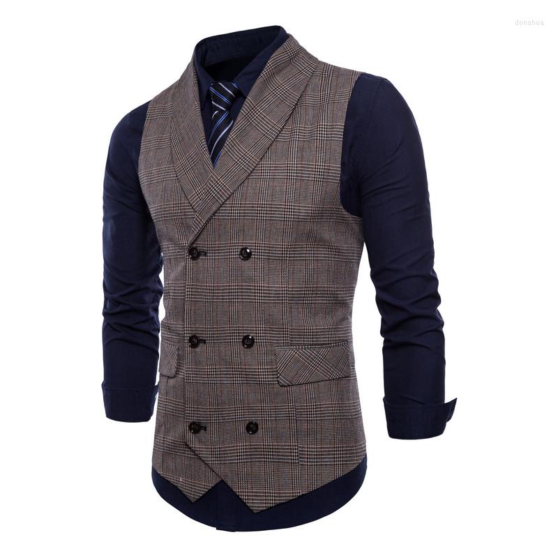 

Men' Vests Men' Suit Vest Brown Plaid Shawl Collar Double Breasted Business Casual Fit Slim Sleeveless Jacket