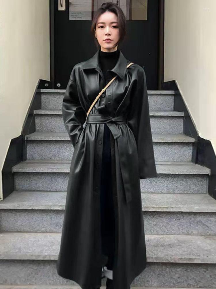 

Women' Trench Coats PU Leather Long Jacket 2022 Autumn Women Clothing Loose Belt Faux Windbreaker Coat Slim Winter Black