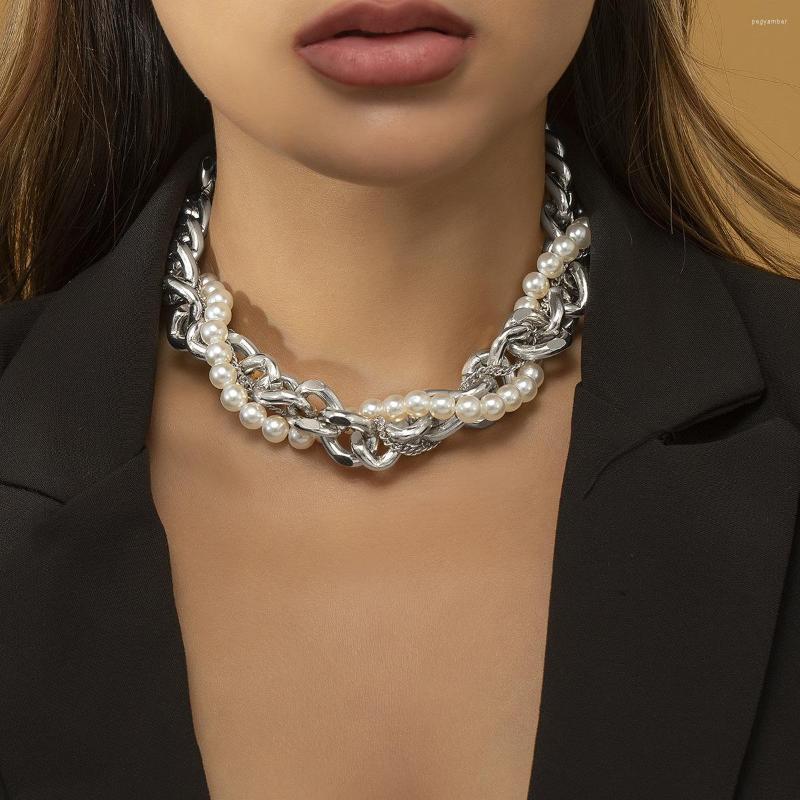 

Chains European American Big Chunky Chain Hip Hop Necklace Vintage Pearl Bead Link Women Multi-storey Choker Punk Jewelry 2022