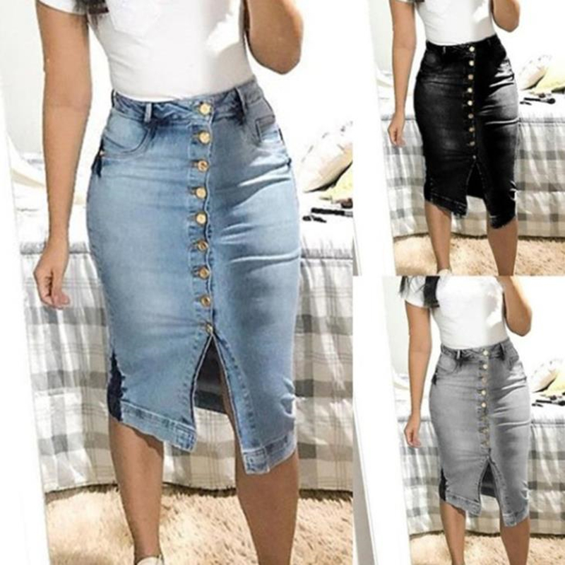 

QNPQYX High Waist Denim Skirts Buttons Women Jeans Skirts Short Pockets Street Style Midi Pencil Skirt Female Knee Length, Light blue 2
